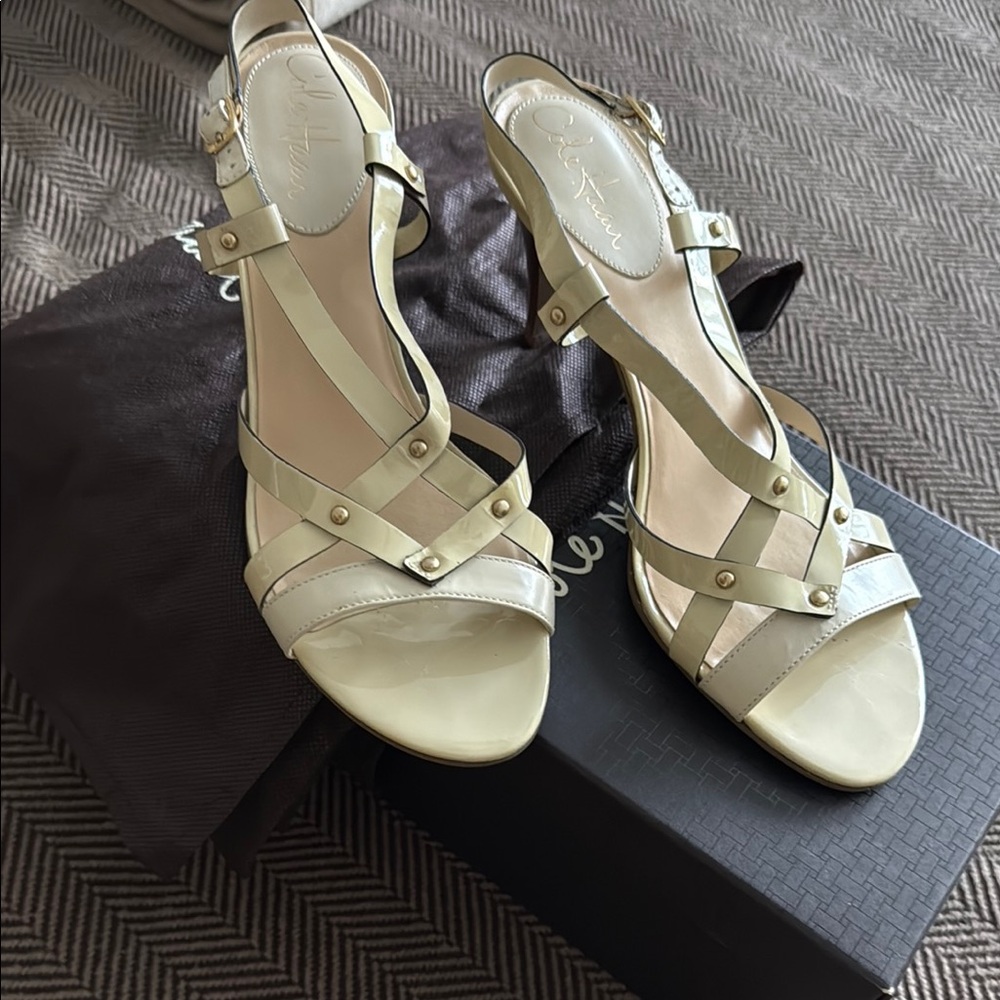 Cole Haan Cream Slingback Sandals – 3.5” Heel – Leather & Patent Leather